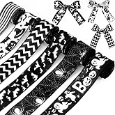 Tigeen 6 Rolls 30 Yards Halloween Wired Ribbons Edge Black White, 2 Inch | Black Ghost Bat Spider Web Skull Pumpkin Print, Decorative Burlap Ribbons, for Halloween Party Wreath Bows Crafts Making