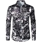 ZEROYAA Men's Hipster Printed Slim Fit Long Sleeve Button Up Satin Dress Shirts