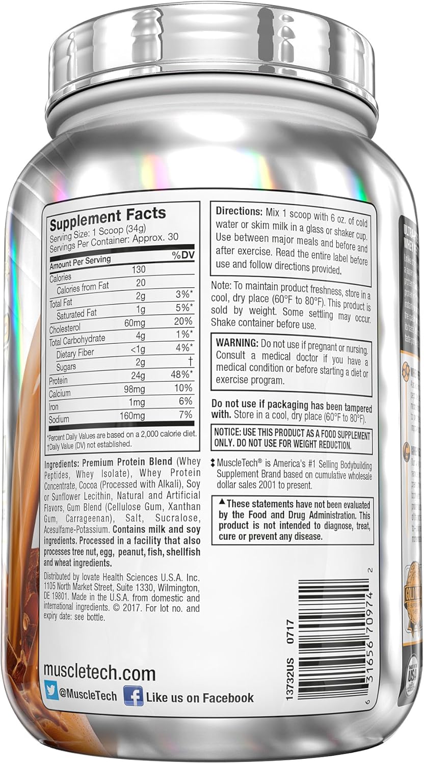 MuscleTech Premium Gold 100% Whey Protein Powder, Whey Protein Isolate & Peptides Shake for Men and Women, 24 Grams of Protein, 5.5g BCAAs, Easy to Mix, Double Rich Chocolate, 2.2 Pounds (30 Servings): Health & Personal Care