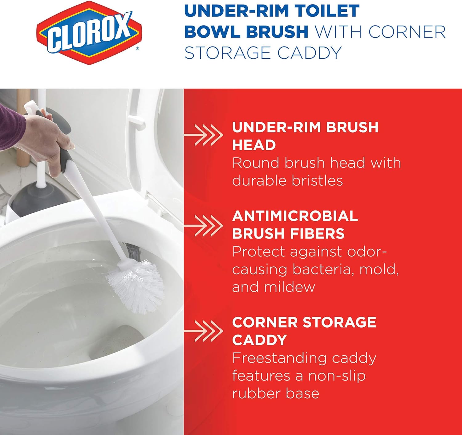 Clorox Under-Rim Toilet Bowl Brush with Corner Storage Caddy, 16" x 5" x 5.5": Home & Kitchen
