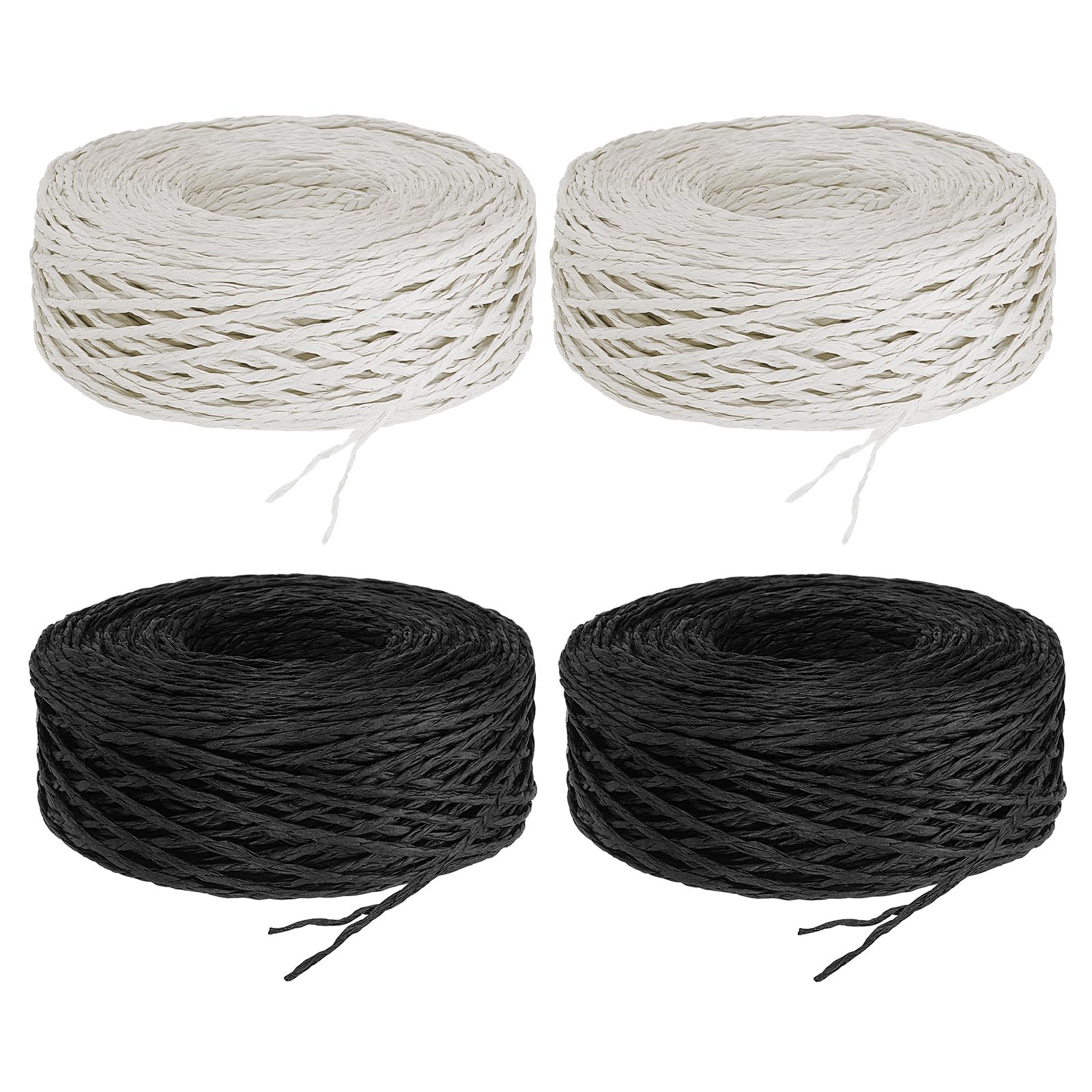 PATIKIL 1312 Feet Raffia Ribbon, 4 Rolls Raffia Yarn Paper Rope Twine String for Crochet Bags Craft Festival Gifts Bouquets Wrapping, White, Black