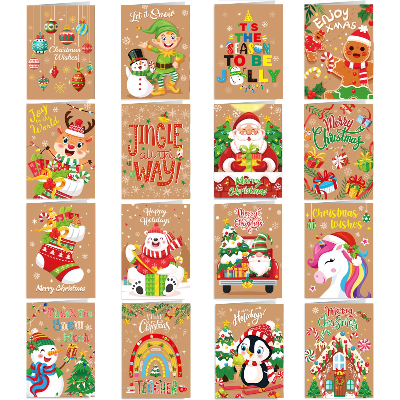 DPKOW Mini Christmas Cards Pack of 32, Xmas Cards Packs Christmas Greeting Card for Kids Family Members, 16 Style Card with Envelope — image 1