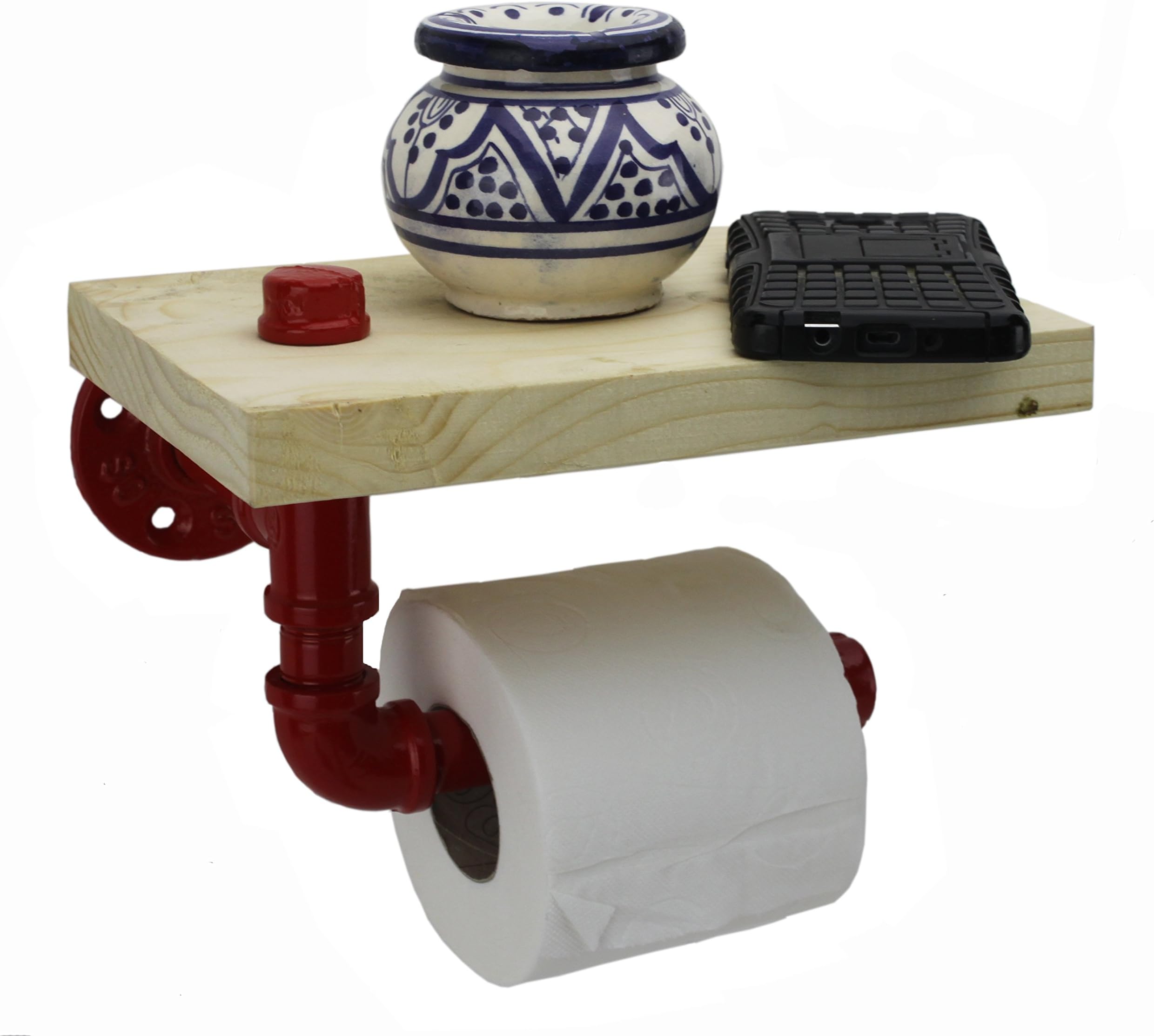Irwost - l'Original - Toilet Paper Dispenser Colour Red Epoxy Deco Retro Industrial Style with Shelf Solid Pine Wood.