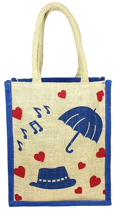 Neska Moda Unisex Navy Blue Handheld Jute Bag Cum Lunch Bag Zip Closure Plastic Laminated Inside BG116