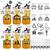 Vesici 6 Pcs Christmas Christian Gift 16 oz Nativity Glass Cups with Lid Straw and Stopper Christian Coffee Cup Tumbler Religious Gifts with Cards and Bow for Women Church Christmas Party Favor
