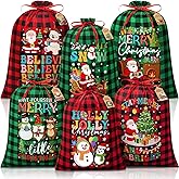 6Pcs Large Christmas Drawstring Gift Bags w/ Tags, Big Buffalo Plaid Christmas Gift Bags Assorted Sizes, Reusable Cotton Fabric Xmas Gifts Bag Holiday Wrapping Bag Santa Sacks for Presents Party Favor