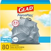 Glad Trash Bags, ForceFlex Tall Garbage Bags, 13 Gallon Grey Trash Bags for Tall Kitchen Trash Can, Fresh Clean with Febreze Freshness to Eliminate Odors, 80 Count (Packaging May Vary)