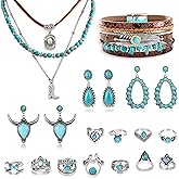Womylufy Turquoise Jewelry Set, Boho Western Cowgirl Necklace, Earrings, Bracelet with Natural Gemstone, Country Style Accessories