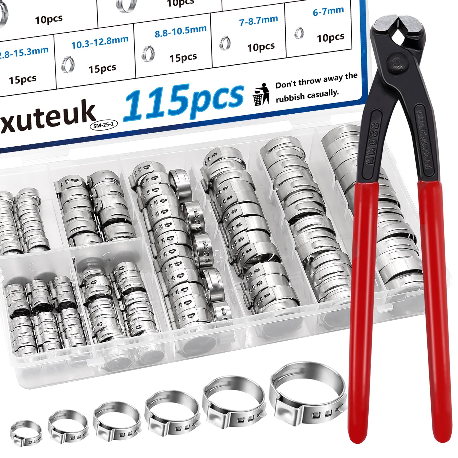 mxuteuk 115Stück ohrschellen 6-28.6mm Single Ear Schlauchschellen mit Ohr Klemmen Zange Crimp Schlauchschellen für Auto, Haus, Gerät, Rohr, Kraftstoffleitung Stufenlose Schlauchschelle mit