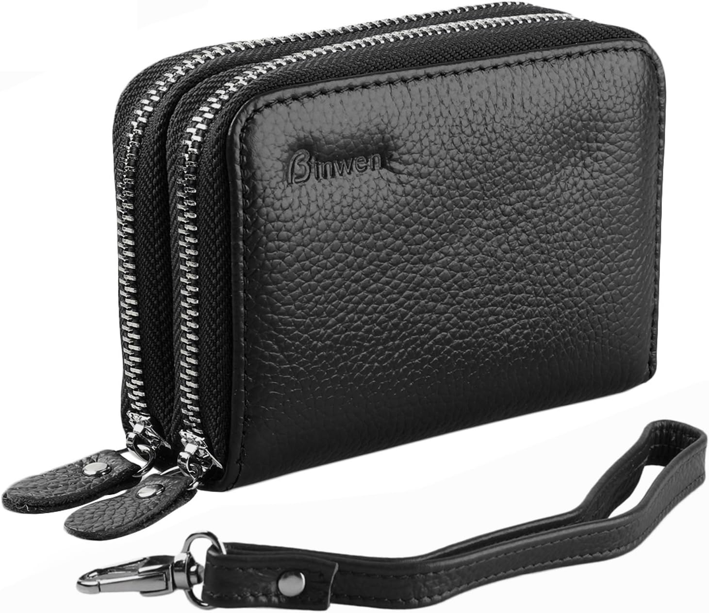 RFID blocking accordion style card wallet genuine leather coin purse with detachable wrist strap double metal zipper black
