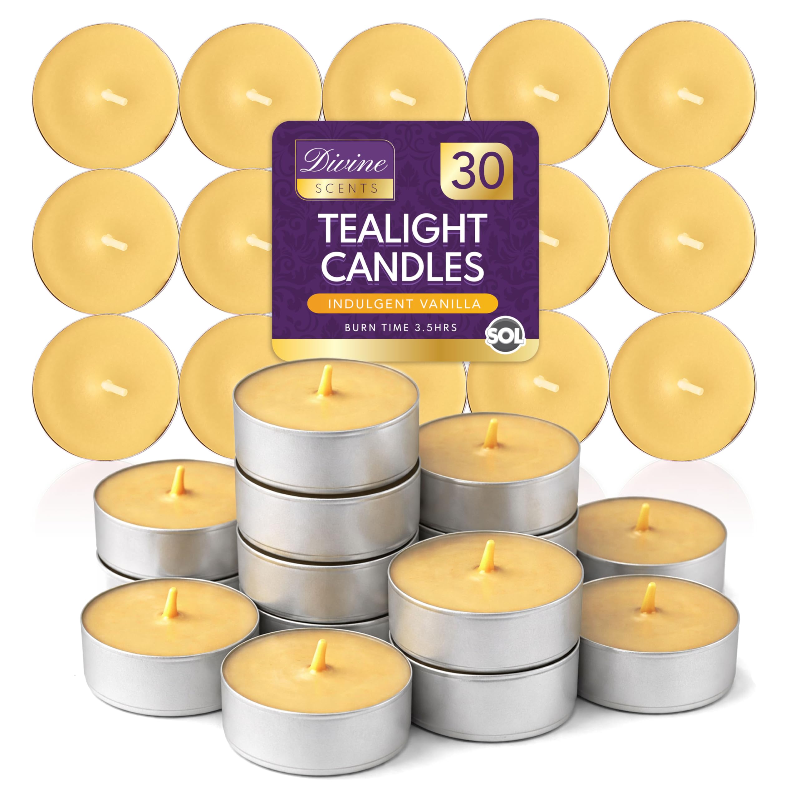 SOL 30pk Tea Light Candles Indulgent Vanilla – 3.5 Hour Burn Time, Scented Tea Lights Candles, Long-Lasting & Ideal Home Decor, Relaxation, Romantic Dinners, Weddings, Cosy Evenings & Special Occasion