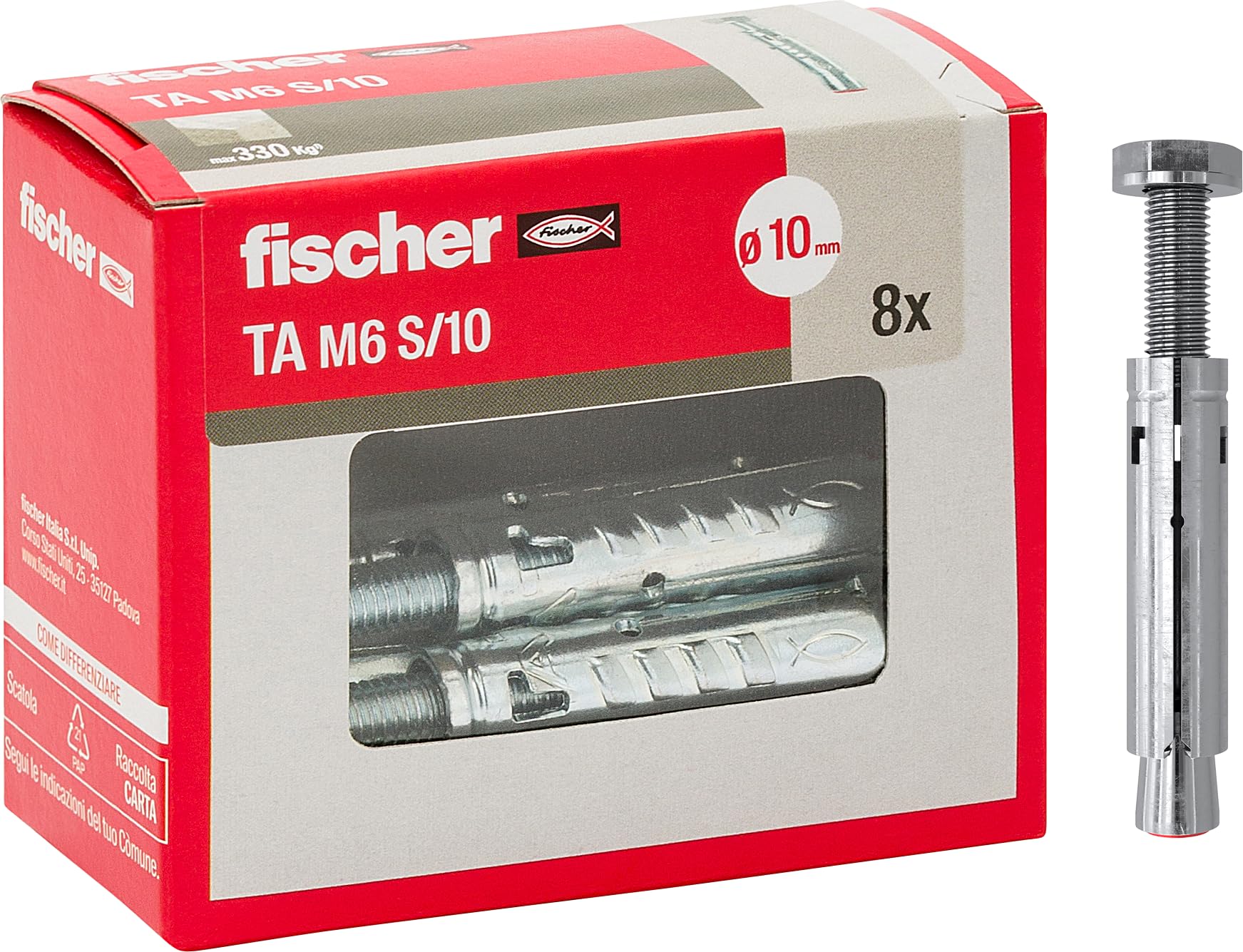 Fischer TA M6 Steel Dowels with Hex Head Screw, 10mm Dowel Diameter, for Reinforced Concrete, Concrete and Solid Masonry, 8 Pcs Expansion Bolts, 71252