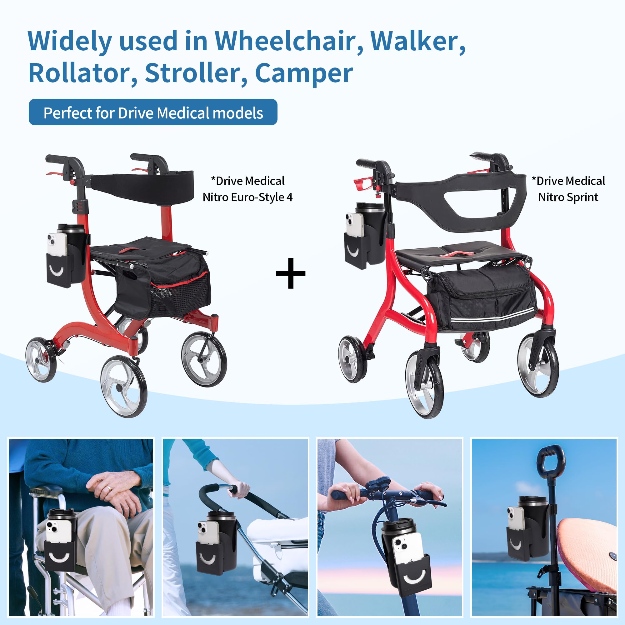 Joxodak Wheelchair Cup Holder 2 in 1 Strap-on Walker Cup and Phone Holder Compatible with Drive Medical Nitro Rollator Walkers Cup Holder for Wheelchair, Walker, Rollator, Camper