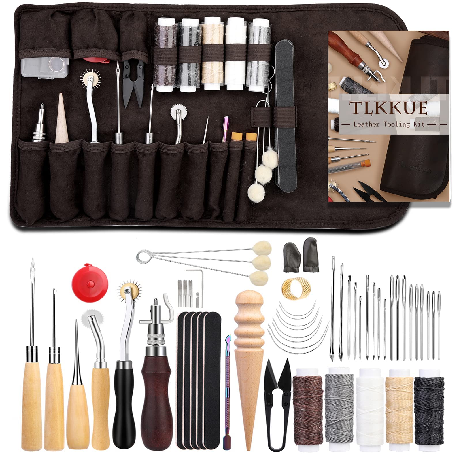 TLKKUE 55 PCS Leather Working Tools, Leathercraft Kit with Roll Bag, Groover Stitch Wheel Waxed Threads Awl Needles Manual, Leather Sewing Kit for DIY Sewing Craft Projects
