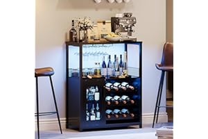 IDEALHOUSE Wine Bar Rack Cabinet with LED Light, Adjustable Shelves Coffee Bar Cabinet with Mesh Door and Baffle Design, 36 in Tall Small Liquor Bar Cabinet for Home, Kitchen, Dinning Room, Black