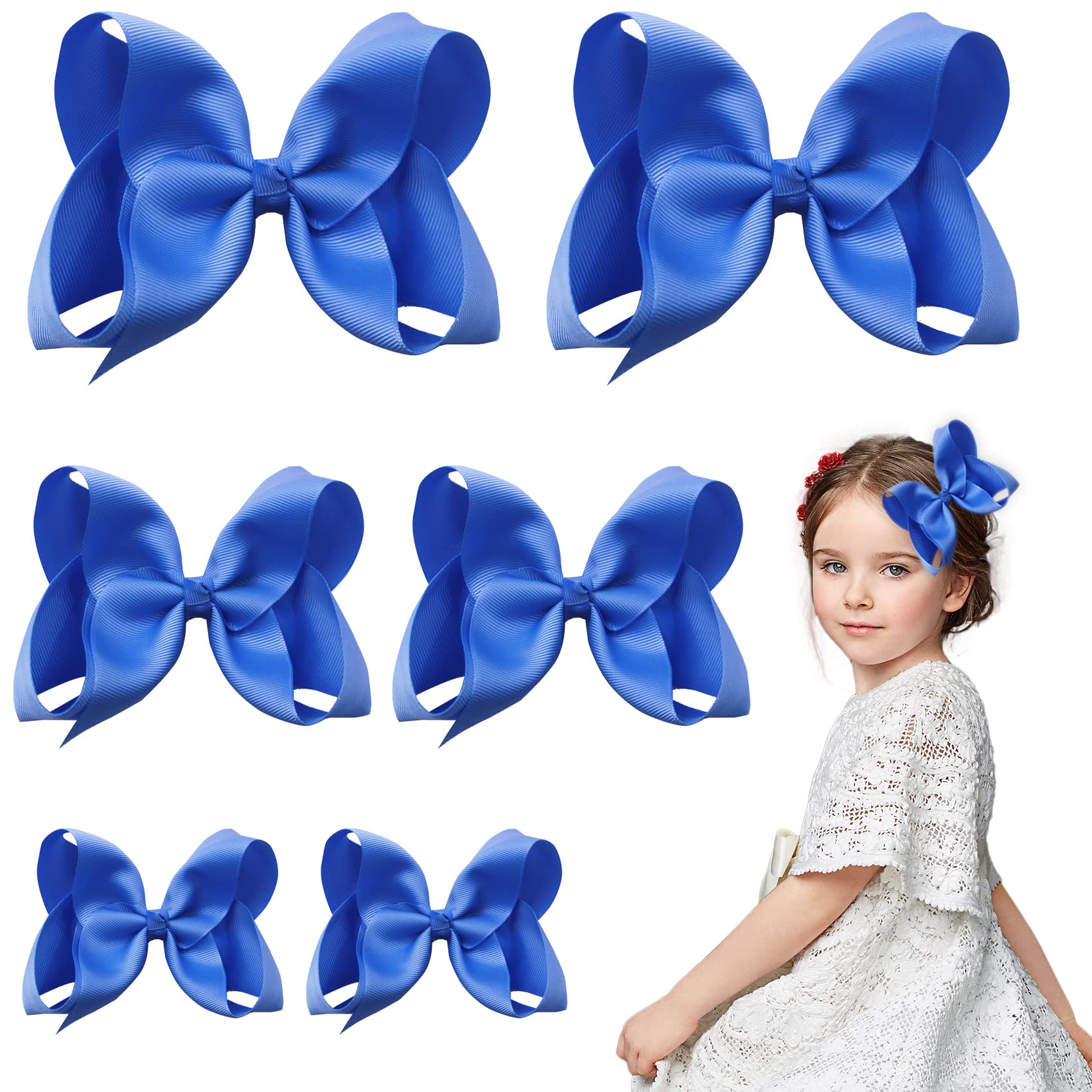 6 Pack Hair Bow Clips, 3 Sizes Blue Bows for Girls - School Hair Accessories (6 inch, 4 inch, 3 inch)