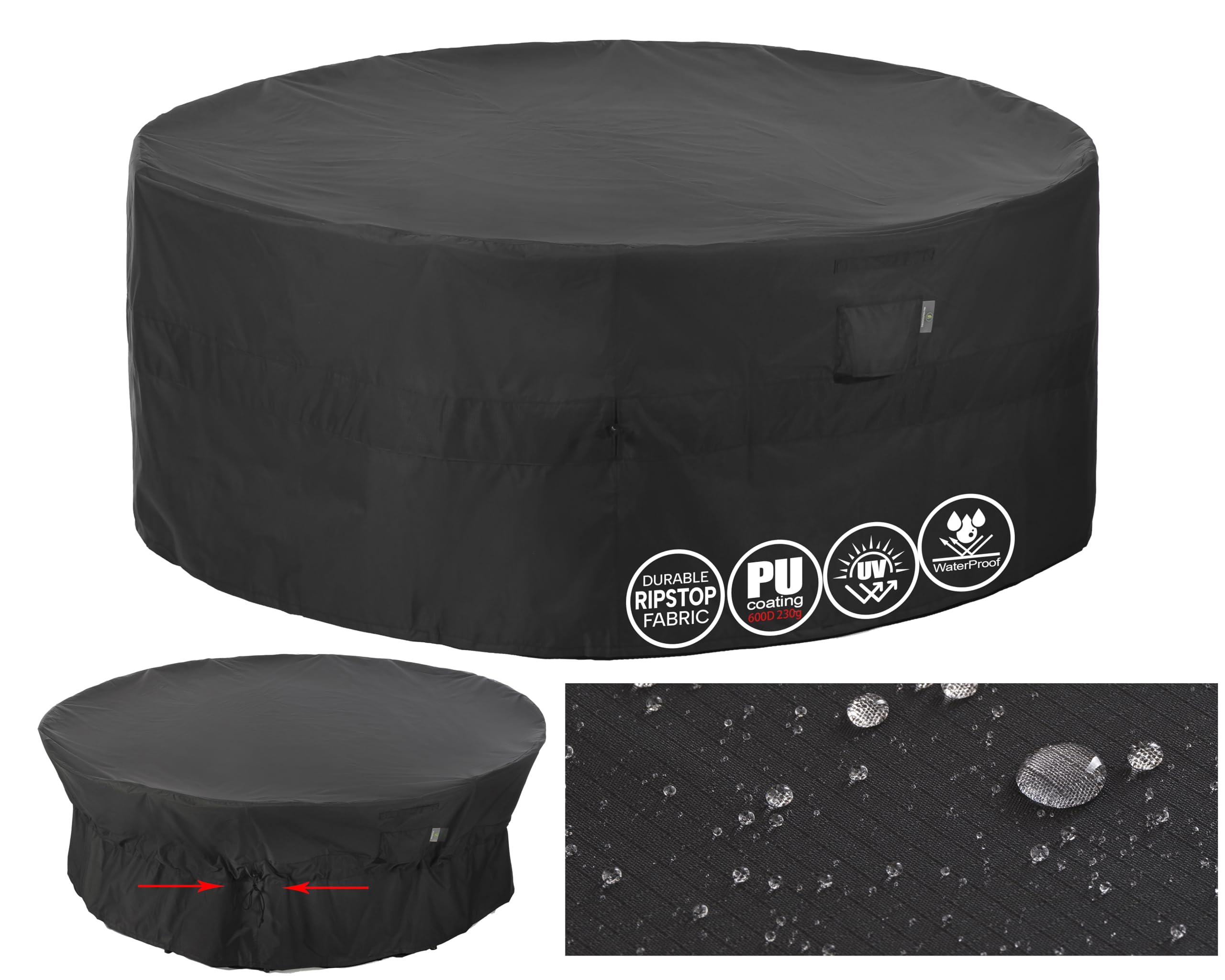 F&J Outdoors Garden Furniture Covers Waterproof Outdoor Table Cover Heavy Duty Tear Resistant Cinched Waist Windproof Round Garden Furniture Cover, Black, 183x79cm
