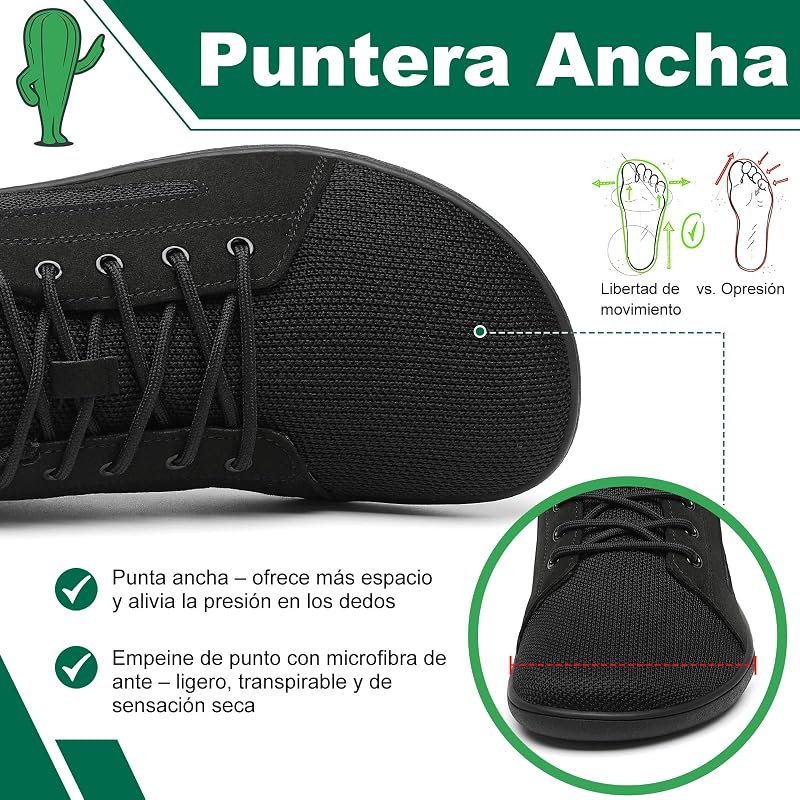 Zapatillas Barefoot Casual Estilo Skate para Hombre y Mujer, Minimalistas Cero Drop con Puntera Ancha, Suela ultraflexible y Antideslizante para Caminar, Trabajo y Viaje Negro,Gr.38