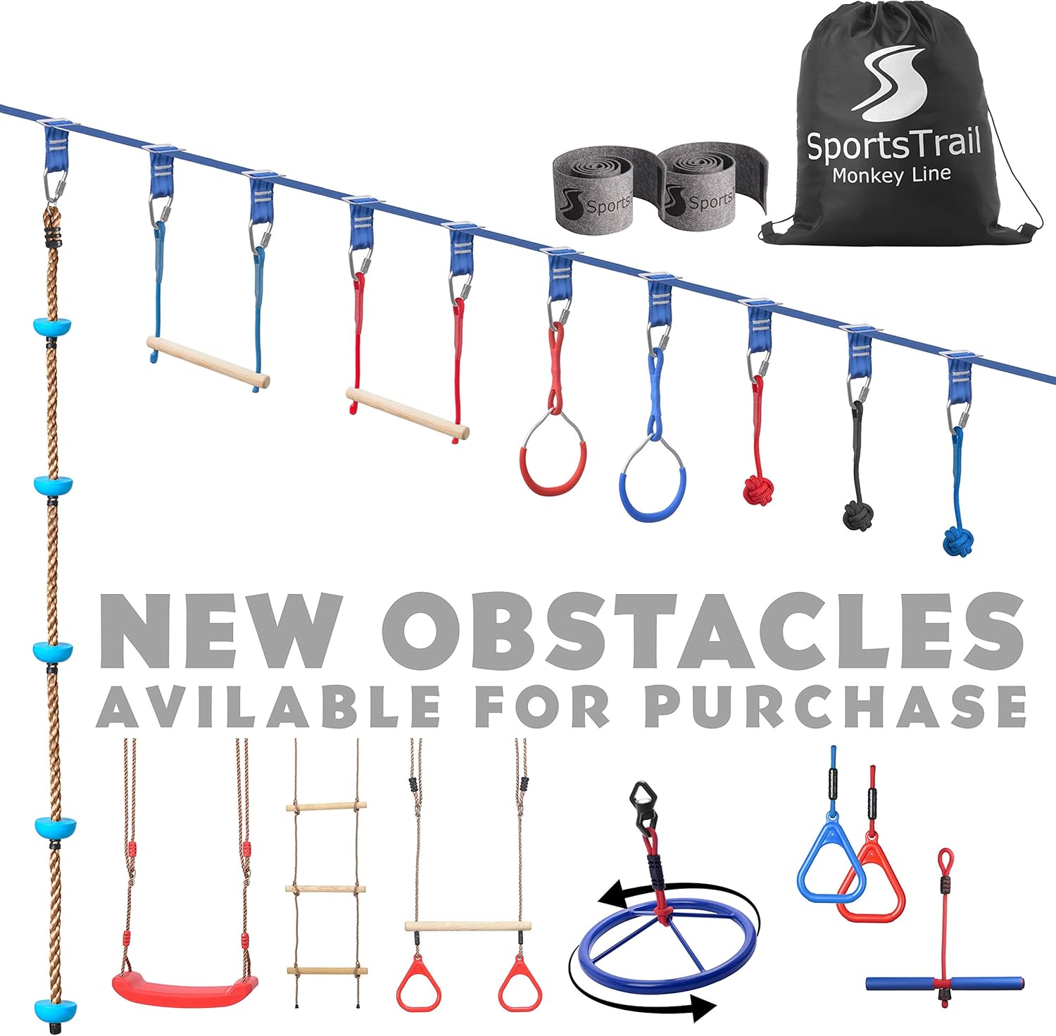Ninja Slackline Monkey Bars Kit, 42' Jungle Gym Obstacle Course for Kids and Adults + Climbing Rope, Warrior Training Obstacle Course Equipment, Slackline Gymnastic Bar, Tree Protector & Carry Bag : Sports & Outdoors