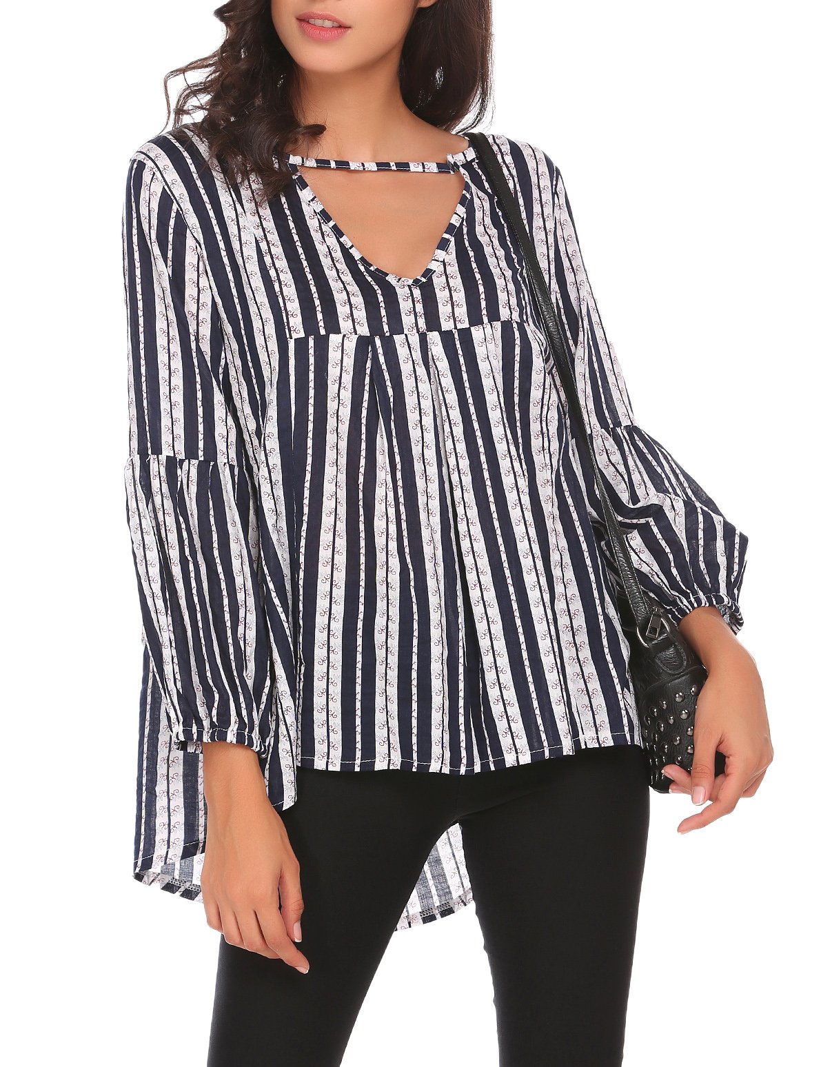 SE MIU Women\'s Long Sleeve High Low V Neck Striped Shirt Blouse Tops