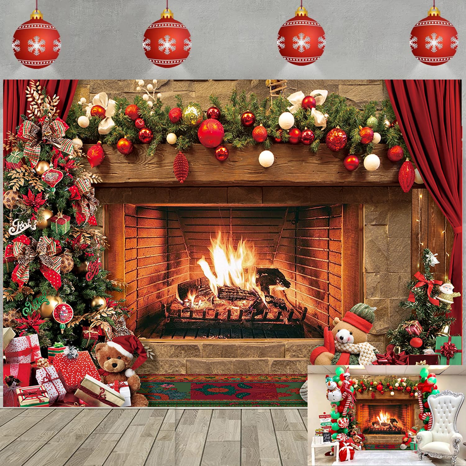 Christmas Fireplace Theme Backdrop Xmas Tree Gifts Vintage Red Xmas Photography Backdrop Merry Christmas Family Holiday Photo Background (7X5FT(210x150cm))
