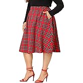 Agnes Orinda Plus Size Vintage Skirt for Women A-line Plaid Printed Flare Elastic High Waist Christmas Midi Skirts
