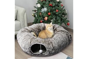 AUOON Cat Tunnel Bed - Christmas Tree Cat Tunnel, Cat Donut Tunnel with Soft Plush Circle Cushion for Indoor Cats Kitten Kitty Puppy Rabbit Ferret (Brown)