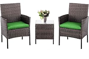 Pyramid Home Decor Alvino Patio Bistro Set 3-Piece Outdoor Wicker Furniture Sets, Modern Rattan Garden Conversation Chair with Thick Cushion and Glass Top Coffee Table (Greem)