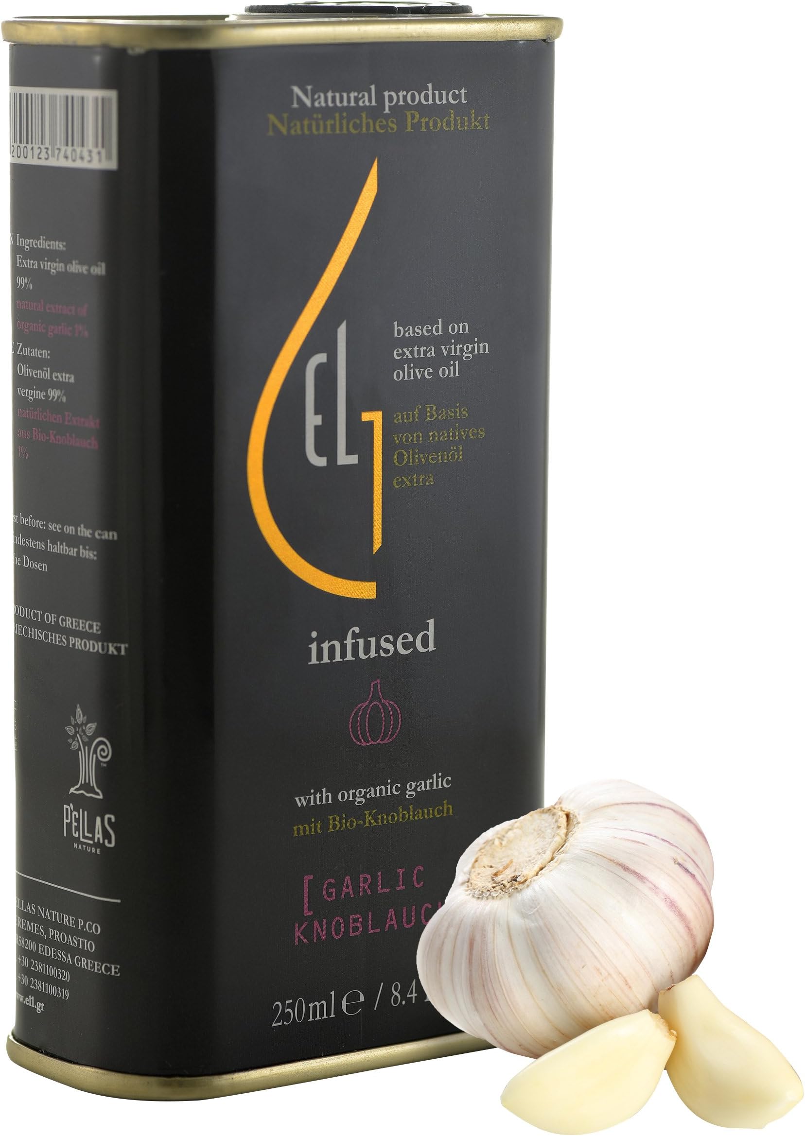 Pellas Nature Fresh Organic Garlic Infused Extra Virgin Olive Oil, Ultra Premium Tin, Single Origin, 8.45 oz 250ml