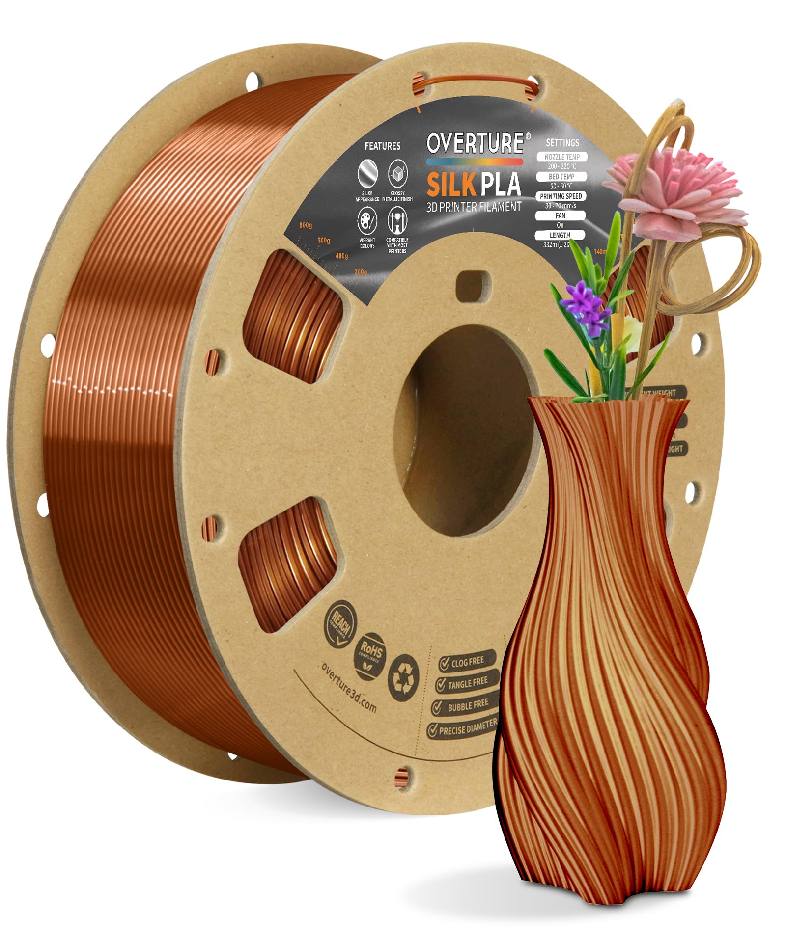 OVERTURE Silk Filament PLA 1.75mm Clog-Free Shiny 3D Printer Consumables, 1kg Spool (2.2lbs), Dimensional Accuracy +/- 0.02 mm, Fit Most FDM Printer (Silk Copper)