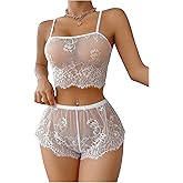 SOLY HUX Women's Floral Lace Sheer Bra and Boyshorts Panty 2 Piece See Through Lingerie Set