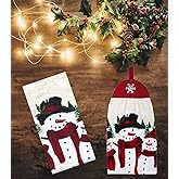 St. Nicholas Square Christmas Kitchen Print Towels, Set of 2, One Hanging Tie-Top with Button Loop Cotton Terry Towel Snowman Family for and Household Red, Black, Beige, Green, Orange 16 x 25 inches