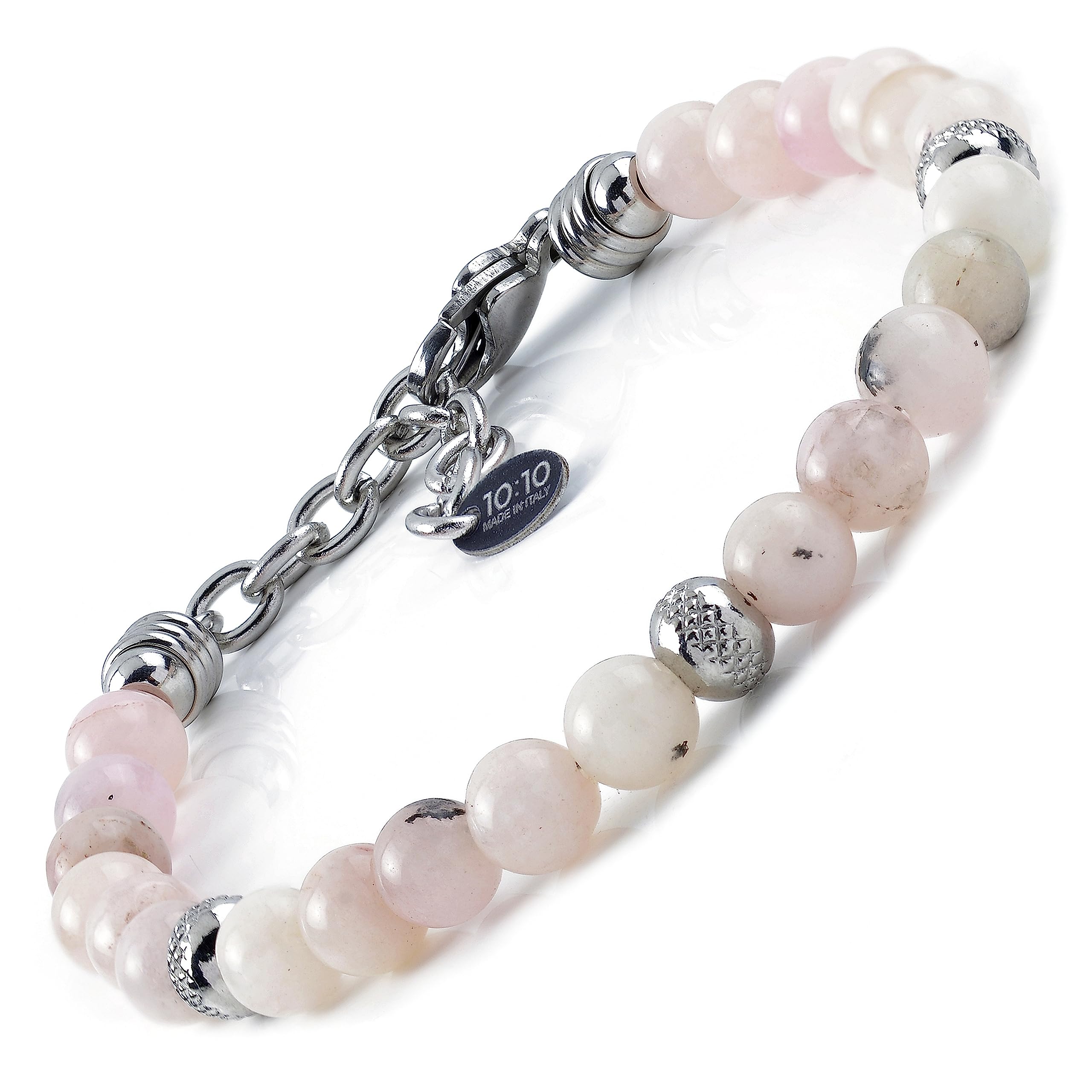 10:10 Bracelet with Natural Pink Jasper Stones 6 mm Stainless Steel Beads, Very Durable Bracelet Made in Italy..., 21 cm, Stone, 21 cm, Stone