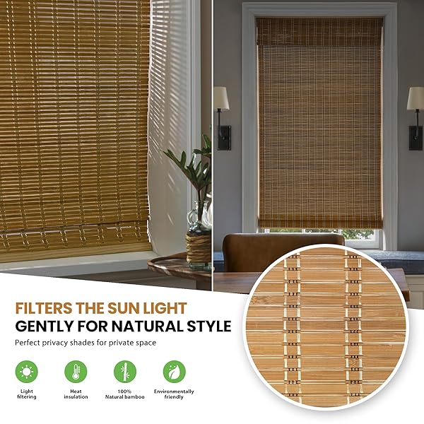LAZBLINDS NO TOOLS NO DRILL CORDLESS BAMBOO ROMAN SHADES, LIGHT FILTERING WINDOW TREATMENT, ROLL UP BAMBOO BLINDS FOR WINDOW 26” W X 64” H, BROWN