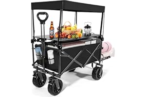 LING RONG Beach Wagon Cart Foldable Travel Cart for Outdoor Camping with Canopy,Tabletop, Side Pockets, and Cup Holder Can Hold up to 300 lbs