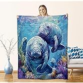 Realistic Manatee Blanket for Kids Boys and Ocean Lovers, Flannel Blankets Gifts, Coral and Sea Animal Throw for Sofa Couch Bed Living Room, Soft Warm Cozy Home Cabin Decor 60" x 50"
