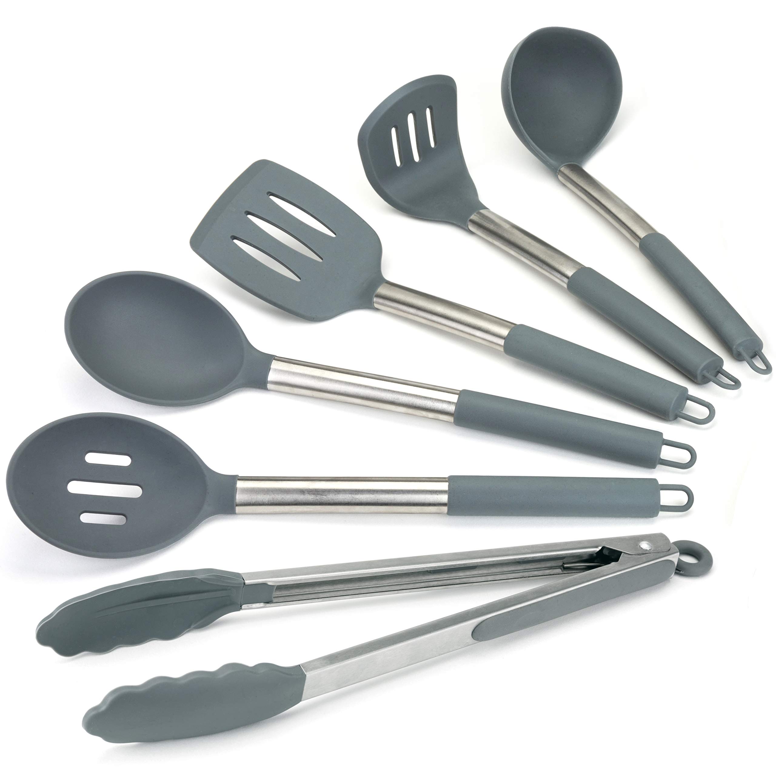 Lantana Premium Silicone Kitchen Utensils Set for Cooking (6 Pieces) - Sleek Grey and Brushed Stainless Steel - Includes Non-Stick Tongs, Serving & Slotted Spoon, Turner, Ladle, Potato Masher