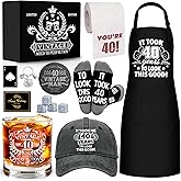NVTROVI 40th Birthday Gifts for Men Whiskey Glass Set, 40th Birthday Party Supplies with 11 Oz Whiskey Glass Coaster Stone Baseball Cap Apron Sock Toilet Paper Keychain for Him, Dad, Husband, Friends