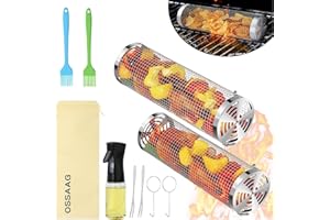 OSSAAG 10-Piece BBQ Set: 2 Rolling Grill Baskets for Effortless Flipping, 304 Stainless Steel for Easy Clean, Sausage & Vegetables, Oil Bottle, Forks, Brushes, Outdoor Camping Grilling Accessories, Gifts for Men Dad Husband