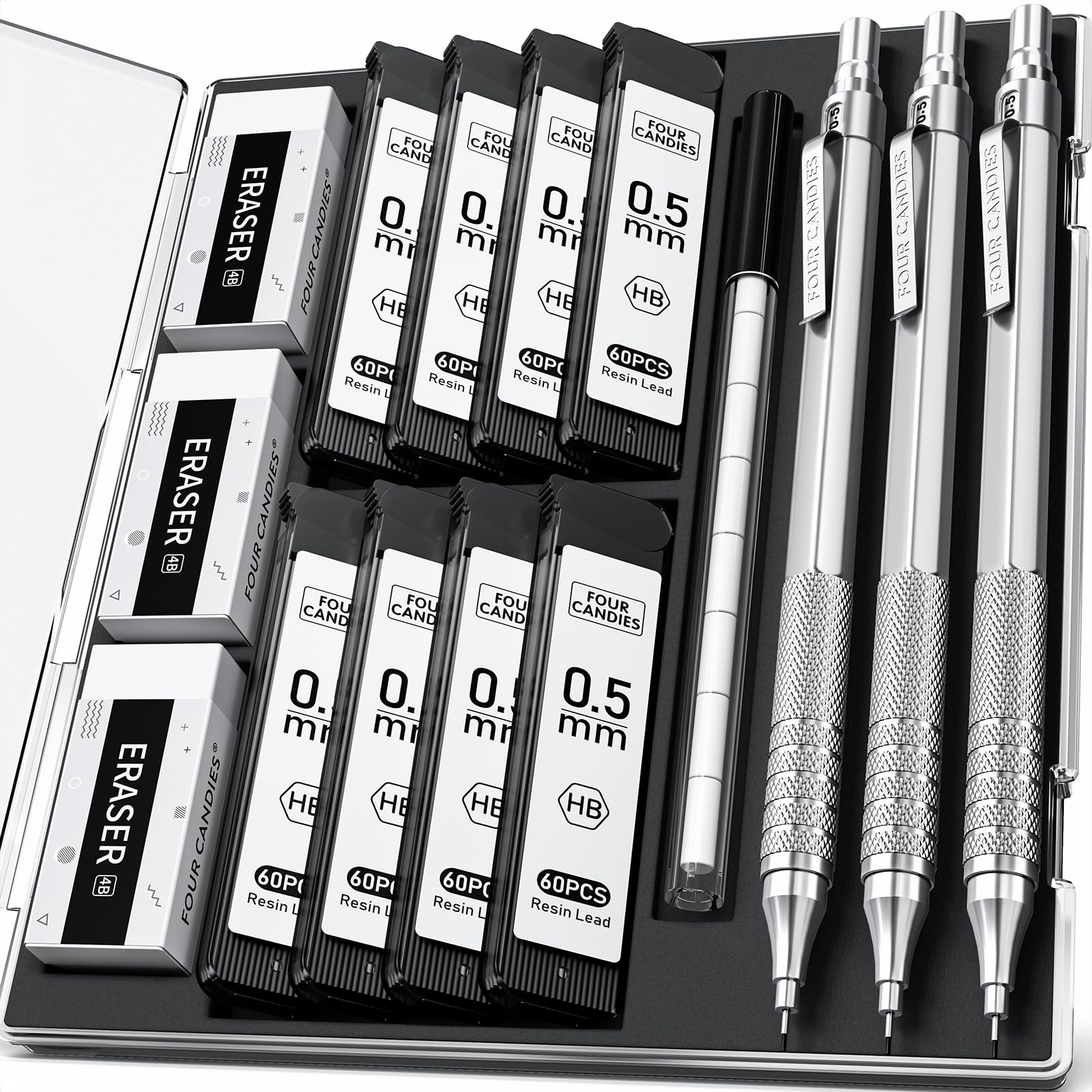 Four Candies 0.5mm Mechanical Pencil Set with Case, 3PCS Metal Artist Lead Pencil with 8 Tubes (480PCS) HB Lead Refills, 3 Erasers, 9 Eraser Refills For Engineer Art Writing Drawing Drafting, Silver