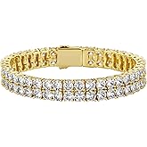 JINAO 2-Row Tennis Bracelet for Men & Women, 14K Gold Plated Brass, Iced-Out Cubic Zirconia Chain, Unisex Hip-Hop Style