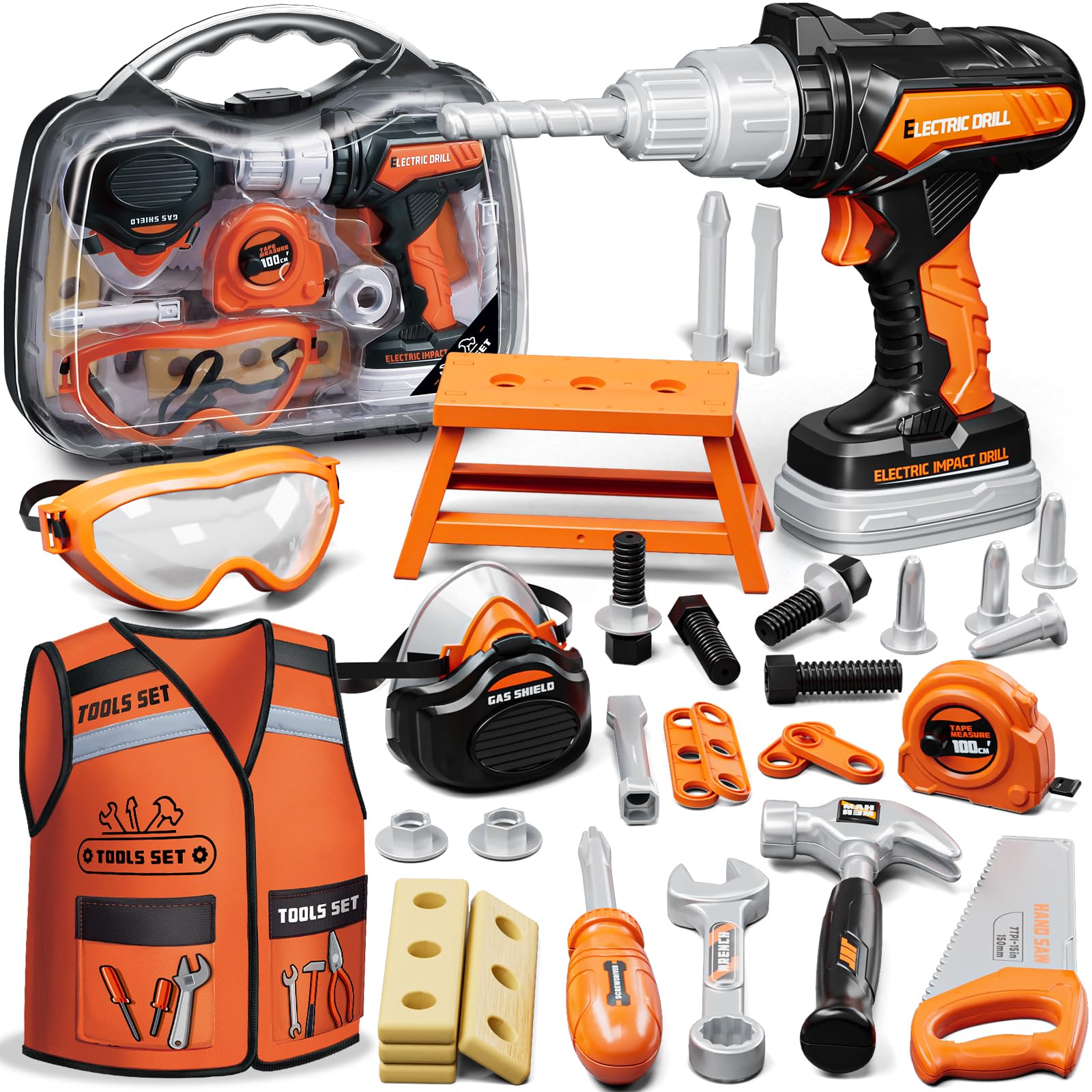 KidBloom Werkzeugkoffer Kinder Geschenk Junge 3 Jahre, Kinderspielzeug ab 3 Jahre mit Bohrmaschine und Bauarbeiter Kostüm Kinder, Spielzeug ab 3 4 5 Jahre Junge