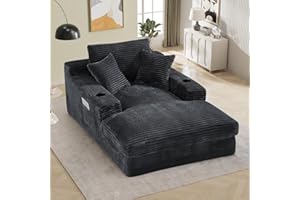 DAMAIFROM Oversized Chaise Lounge Chair Indoor with Cup Holders & Side Pocket, 50" W x 76" D Plush Corduroy Boneless Chair with 2-Layer Sponge & Deep High Seat Comfy Reading Chair for Studyroom- Dark Grey