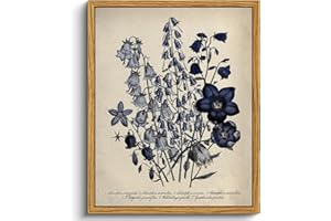 VIYYIEA Vintage Framed Botanical Wall Art Decor, Living Room Bedroom Blue Campanula Pictures Retro Wall Decor, Framed Canvas Prints Artwork, Farmhouse Flower Paintings,8x10 Inch
