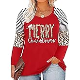 QAUN Plus Size Christmas Shirts Women Merry Christmas Shirts Christmas Lights Shirt Xmas Long Sleeve Tops