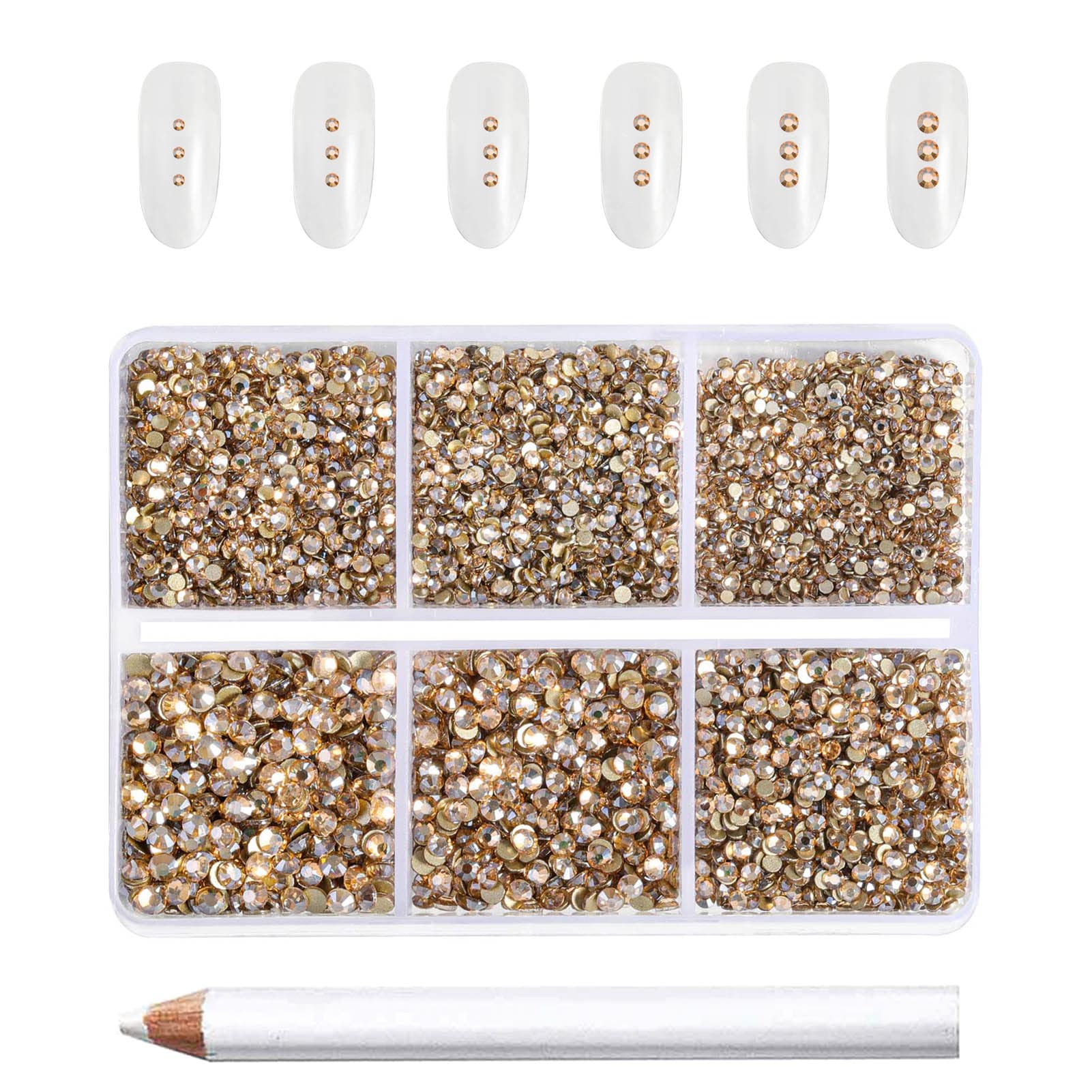 Beadsland 7200 Pcs Flatback Rhinestones for Nails,Gold Round Small Crystal Rhinestones Gems for Crafts,Mixed 6 Sizes with Wax Pencil Kit,SS3-SS10,Golden Shadow