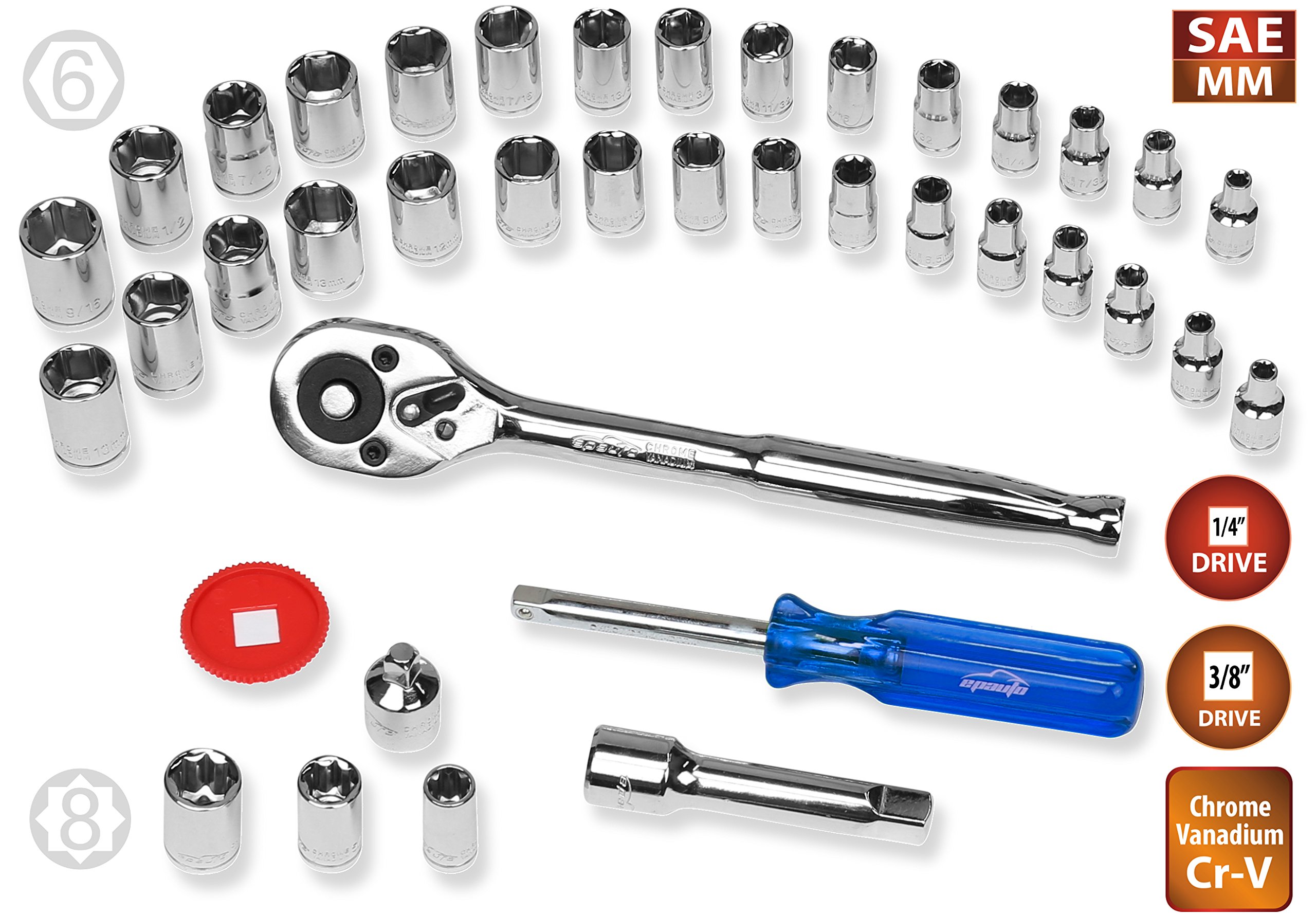 40 Pieces - EPAuto 1/4-Inch & 3/8-Inch Drive Socket Set with 72 Teeth Reversible Ratchet