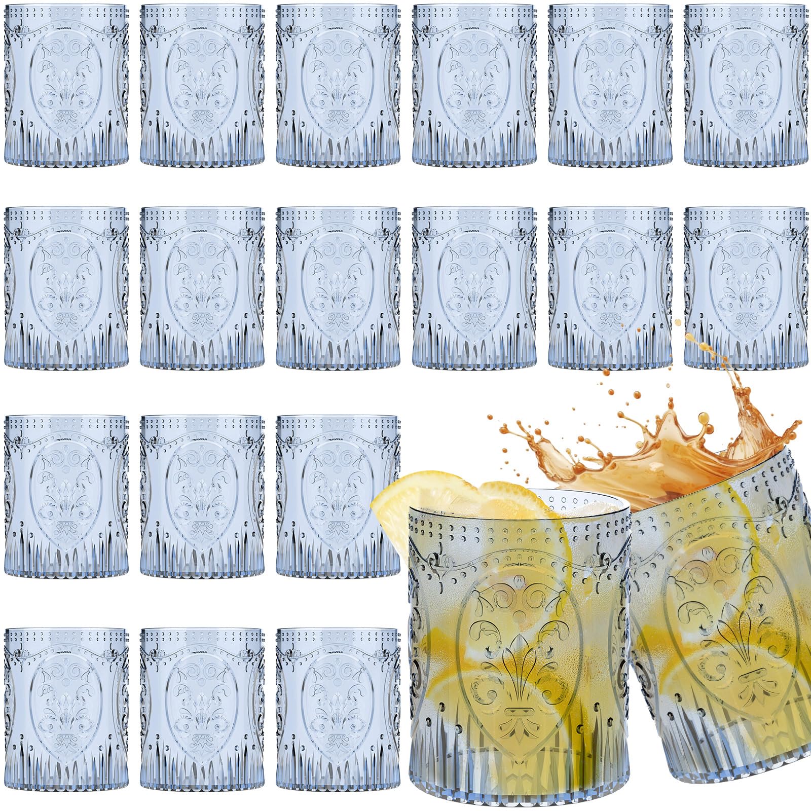 Photo 1 of Qinyoung 24 Plastic Vintage Drinking Glasses 8.5oz Stemless Retro Embossed Wine Glasses Shatterproof Reusable Cups for Baby Shower Wedding Reception Grand Event Party (Blue)