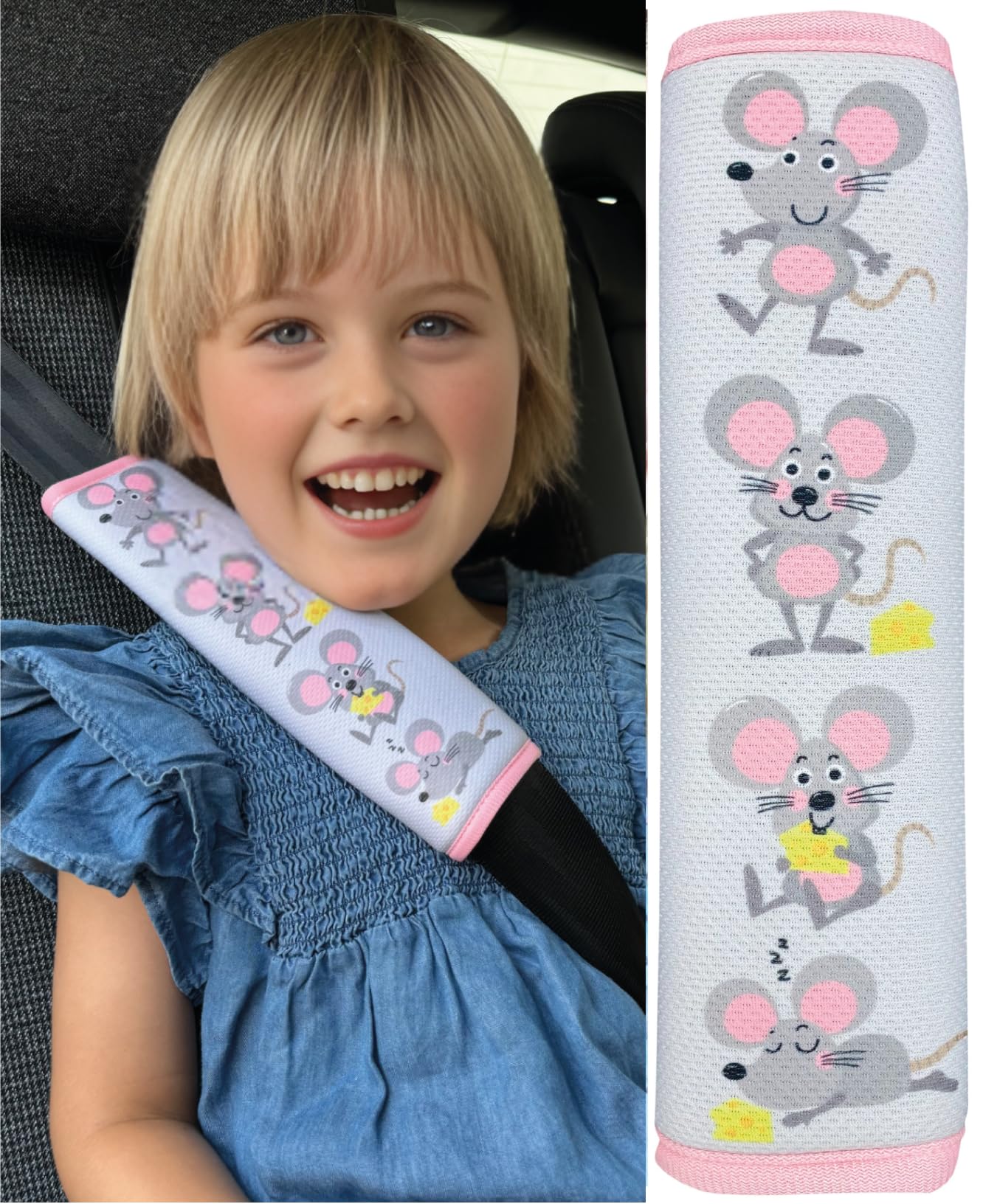 HECKBO 1x Kids Car Seat Belt Pads Seat Belt Protectors - Mouse - Seat Belt Pads for Kids and Babies- Ideal for Any Seat Belt Car Booster Seat Kids Bicycle