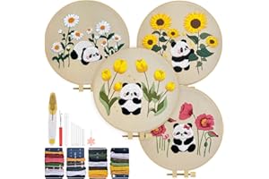TINDTOP 4 Sets Embroidery Kit for Adult, Panda Embroidery Practice Kits for Beginners Include Embroidery Cloth Hoops Threads for Craft Lover Hand Stitch with Embroidery Skill Techniques